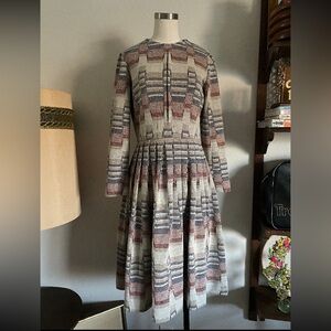 Vintage 1960s Cream, Brown, Blue, & Burgundy Mod Pleated Fit and Flare Dress